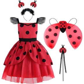 فستان ReliParty Ladybug للفتيات مع قناع وحقيبة زي للأطفال، زي تنكري لأعياد الميلاد والهالوين وعيد الميلاد