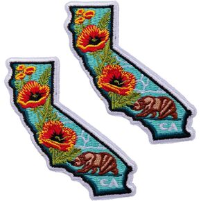2 PCS California Poppy Map Embroidered Iron On Patch Flowers Biker Vest Fabric Badge