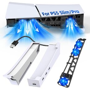 Horizontal Stand & Cooling Fan for PS5 Slim Digital/Disc, Controller Charger Station with 4 USB Hub, Separate Silent 3 High-Speed Fan with USB 3.0 Port & LED Light for PS5 Slim Console