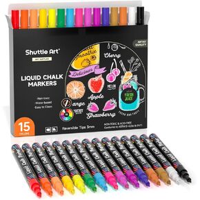 Shuttle Art Chalk Markers, 15 Vibrant Colors Liquid Chalk Markers Pens for Chalkboards, Windows, Glass, Cars, Water-based, Erasable, Reversible 3mm Fine Tip for Office Home Supplies