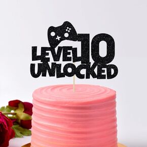 Glitter Level 10 Cake Topper - Gamer's Happy 10th Birthday Cake Supplies ، Level Level 10th Birthday Party Decorations Black