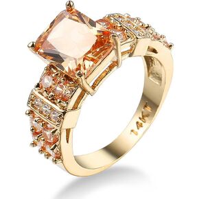 14k Yellow Gold Plated Shiny Full Diamond Princess Square Cut Champagne Ring AAA Cubic Zirconia Fashion Morganite Crystal Eternity Engagement Wedding Band Ring for Women ST.495 (8)