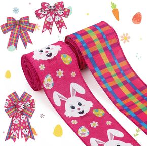 ALIBBON 2 Rolls 2.5" 5 Yd Easter Burlap Jute Ribbon with Orange Dots & Bunny Carrot Design for Spring Wreath, DIY Crafts & Gifts