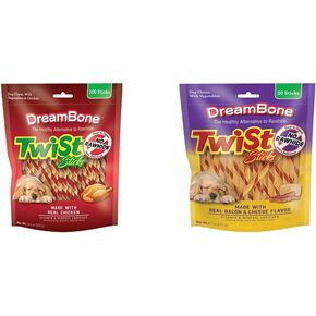 Dreambone Twist Sticks Prehide Free Dogs ، مصنوع من دجاج حقيقي ، 100 حزمة وتلويع مع لحم الخنزير المقدد الحقيقي ونكهة الجبن 50 ، مضغ خالي من الجلود للكلاب