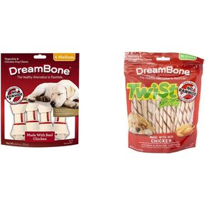 Dreambone Vegetable & Dicken Dogs ، خالية من الجلد الخام ، متوسطة ، 4 عملة ، متوسطة ، 4 قطع/حزمة (DBC-00257) وعصي تويست ، مضغ خالي من الجلود للكلاب ، مع دجاج حقيقي ، 50 قلة
