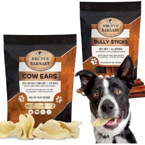 Brutus & Barnaby 12 Cow Ears + 12 Bully Sticks ، كل كلب البروتين الطبيعي يعالج