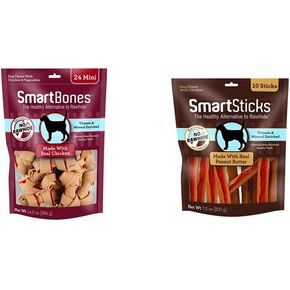 Smartbones Mini Dog Chews ، مضغ خالٍ من الجلود الخام للكلاب ، مصنوعة من الدجاج والخضروات الحقيقية ، 24 Count | Smartbones Smartsticks ، عامل الكلب الخاص بك بمضغ خالي من الجلود المصنوع من اللحوم والخضروات الحقيقية 10 (حزمة 1)