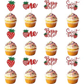 24 PCS الفراولة ديكور التوت الأول عيد ميلاد الفراولة زخارف عيد ميلاد أول كعكة أعلى حلوة حلوة الحزب لوازم بريق كب كيك توبر التوت الأول