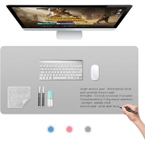 Dry Erase Mouse Pad Writable Erasable Large Mouse Pad Gaming Mousepad Desk Mat Waterproof Desk Pad TPU Composite Mouse Pad with 3 Markers Spray Bottles Wipes (Grey, 27.6 × 13.8)
