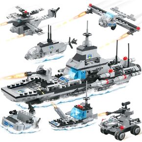 796 Pieces City Police Military Battleship Building Blocks Set Police Helicopter Patrol Boat Cop Car Bomber DIY Construction Toy Storage Box with Baseplates Lid Building Gift for Boys Girls 6-12