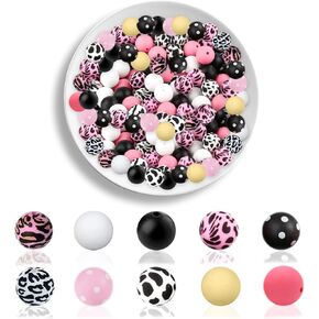 58pcs نمر البقرة نقطة طباعة حبات السيليكون مجموعة 15 مم مزيج حبات السيليكون سحر أسود وردي أبيض جولة الفاصل فضفاض