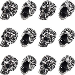 12Pcs Skull Beads Stainless Steel Halloween Beads Antique Silver Skeleton Beads European Beads Large Hole Beads Metal Skull Spacer Beads for Necklace Bracelet Jewelry Making