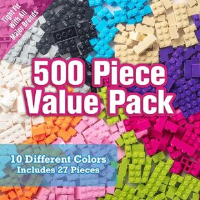 SCS Direct Building Block Bricks- Set of 500 Pc Bulk- 7 Glow in The Dark Colors with 27 Roof Pieces - Compatible and Tight Fit with Major Brands- Great for Activity Table, School Projects