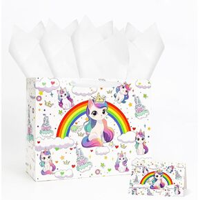 MUNILAIL 13 Inches Cat Gift Bag for Girls Large Gift Bag with Handle Tissue Paper and Greeting Card for Kids Birthday Rainbow Themed Party Large Paper Gift Bag