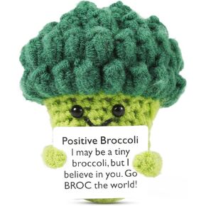 Crochet Broccoli Positive Vegetables, Cute Green Positive Knitted Potato Toy Soft Funny Broccoli Gift with Warm Card Positive Life Crochet Knitted Encouragement Doll for Birthday Party Decoration