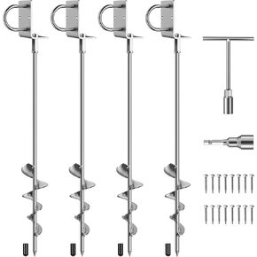 Phopich 28in المرساة الأرضية متعددة الأغراض المسمار في ، 4PACK رهان الترامبولين الشاق بالكامل مع قوسين ، T-wrench ومحول الحفر ، مرساة الأرض للمنزل المتنقل ، الترامبولين ، سقيفة