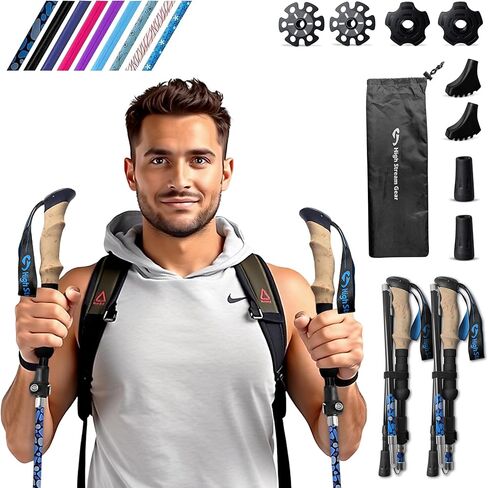 عصي المشي للنساء - عصي المشي لمسافات طويلة قابلة للطي مقاس 14.5 بوصة لحقيبة الظهر وممارسة الرياضة والسفر، مجموعة من 2 عصا رحلات من الألومنيوم قابلة للطي in Kuwait