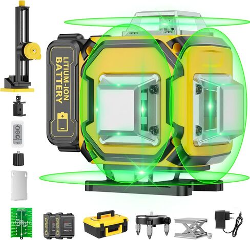 16 خطًا للتسوية الذاتية بالليزر، أداة مستوى ليزر بخط متقاطع أخضر 4 × 360 درجة 4D مع بطاريتين قابلتين لإعادة الشحن، بطاريتين عموديتين 360 درجة واثنين من السطوع الأفقي 360 درجة وجهاز تحكم عن بعد in Kuwait