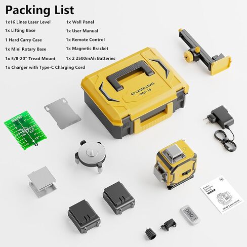 16 خطًا للتسوية الذاتية بالليزر، أداة مستوى ليزر بخط متقاطع أخضر 4 × 360 درجة 4D مع بطاريتين قابلتين لإعادة الشحن، بطاريتين عموديتين 360 درجة واثنين من السطوع الأفقي 360 درجة وجهاز تحكم عن بعد in Kuwait