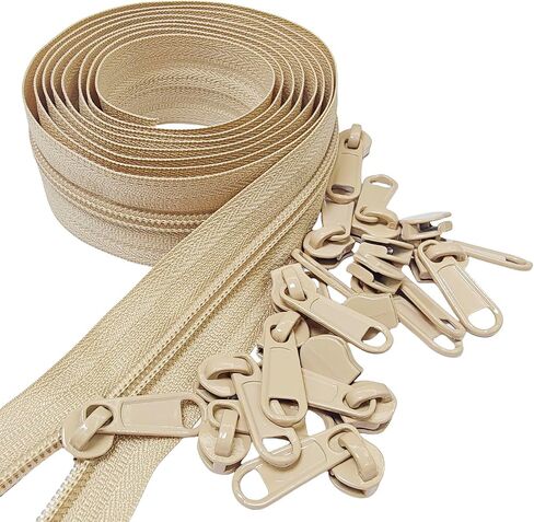 MebuZip #3 Nylon Coil Zippers by The Yard Bulk Zipper Roll Zipper Tape 10 Yards with 25pcs Pulls for Sewing Tailor DIY Craft Bags Pillows (Beige 10Yards) in Kuwait