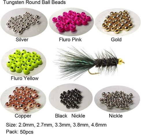 Aventik 50pc Tungsten Beads - Round Ball Beads Fly Tying Materials, 7 Colors / 5 Sizes, Nymph Streamer Think Fast Think Deep in Kuwait