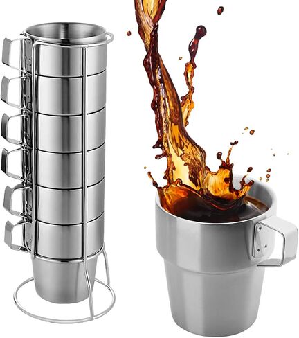 كوب Yummy Sam 4 عبوات من الفولاذ المقاوم للصدأ للتخييم، كوب قهوة قابل للتكديس، كوب معدني مزدوج الجدار مع مقبض مع رف 10oz 300 مل، أكواب مياه للشاي للمطبخ المنزلي والمكتب الخارجي (فضي) in Kuwait