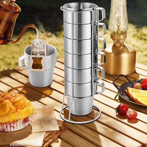 كوب Yummy Sam 4 عبوات من الفولاذ المقاوم للصدأ للتخييم، كوب قهوة قابل للتكديس، كوب معدني مزدوج الجدار مع مقبض مع رف 10oz 300 مل، أكواب مياه للشاي للمطبخ المنزلي والمكتب الخارجي (فضي) in Kuwait