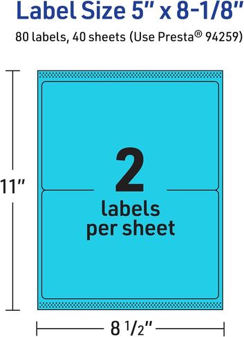 Avery Printable Rectangle Labels with Sure Feed Technology, 5" x 8-1/8", Bright Blue Labels, Laser/Inkjet, 80 Total, Great for Shipping Labels and Packaging Labels in Saudi Arabia