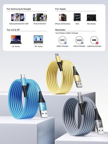 كابل USB C بطول 10 أقدام 3 عبوات شحن سريع من النايلون المضفر طويل من النوع C كابل شاحن لهاتف Samsung Galaxy S24 S23 S22 S21 S10 S9 S8 A02s A03s A11 A12 A13 A14 A21 A22 A32 A42 A53، الكمبيوتر اللوحي، LG، Moto، TCL in Kuwait