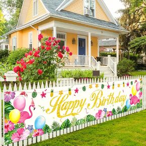 Luau Party Decorations, Happy Birthday Banner, Hawaiian Themed Party Decorations, Aloha Flamingo Birthday Party Decoration, Large Yard Sign Banner Birthday Party Supplies, 98×20 inches