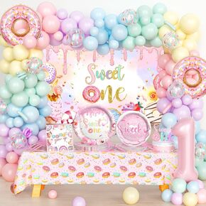 Sweet One Birthday Party Decorations, Donut First Birthday Decorations for Girls, Donut 1st Birthday Party Supplies with Backdrop Banner Cake Topper Tableware for 1 Year Old Party Decorations