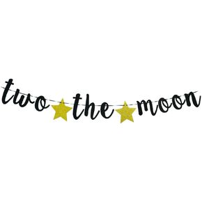 Guysckfi Two the Moon Banner - لوازم حفلة عيد ميلاد الطفل الثانية ، زخرفة حفلة عيد ميلاد الفضاء الخارجي (أسود)