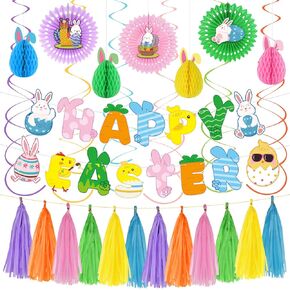 26 Pcs Easter Party Decorations Kit with Happy Easter Banner Sign, Bunny Honeycomb Decorations, Paper Fans, Swirls & Tassel Garland for Spring Theme Party Supplies