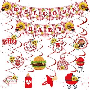 BBQ Baby Shower Decorations Sunflower Welcome Baby Banner Summer BBQ Picnic Party Hanging Swirls for Outdoor Barbecue Carnival Decorations Baby Q Birthday Baby Shower Gender Reveal Party Supplies