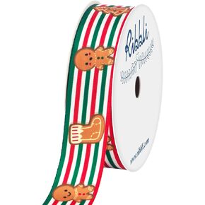 Ribbli Christmas Satin Gingerbread Men Striped Ribbon,7/8 Inch,10-Yard Spool, Red,Green,White,Brown,Use for Gift Wrapping,Party Decoration,All Crafting and Sewing