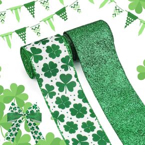 2 Rolls Saint Patricks Day Fabric Ribbons St Patricks Shamrocks Burlap Linen Ribbons Glitter Clovers Edge Wired Ribbons for Saint Patricks Day Decoration Party Crafts Gift Wrapping Supplies 5 Yards