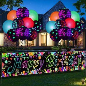 ديكورات عيد ميلاد النيون - علامة بافتة الحفلات الوهجة و 20pcs توهج في البالونات المظلمة (UV Blacklight Reactive) - لوازم الحفلات الملونة على الجدران السوداء للبناء