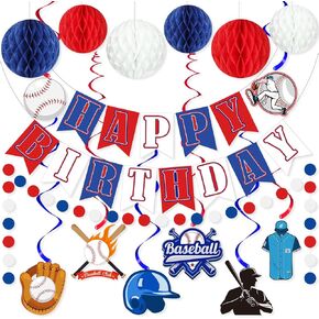 Baseball Party Decorations for Boys, Navy Blue Red Baseball Happy Birthday Banners Baseball Theme Hanging Swirl Streamer Honeycomb Ball Circle Dot Garland Decor for Kids Adult Sports Party Supplies