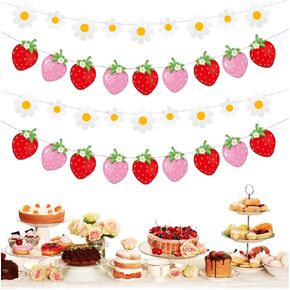 Mity Rain 4PCS Daisy Boho Banner Party Decorations & Berry First Birthday Decor Strawberry Baby Shower Decorations, Pink