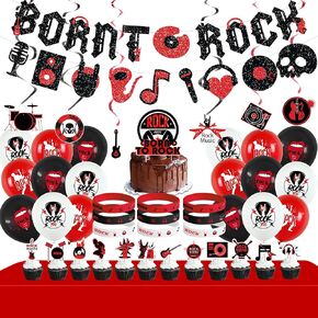 زينة الحفلات موسيقى الروك أند رول ، بما في ذلك Born to Rock Banner ، دوامات معلقة ، أغطية الكعك ، البالونات ، الأساور ، المائدة ، لمستلزمات حفلة موسيقى الروك موسيقى الروك