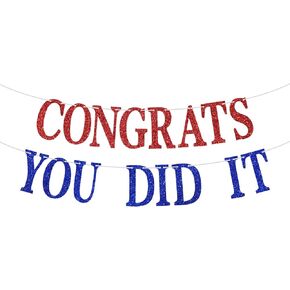 Congrats & You Did It Banner, Congratulations, So Proud of You, Class of 2025 College High School Graduation Party Decorations Supplies, Red and Blue Glitter