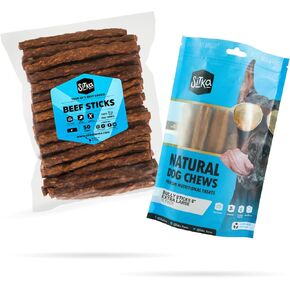 Sitka Farms Happy Tails Pack Sticks Crunchy Beef For Dogs 5 Inch (50 Pack) و Bully Sticks 6 Inc (10 عبوات) - كلاب كلاب طبيعية ومضغ - للكلاب الصغيرة والمتوسطة والكبيرة