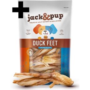 حزمة Jack & Pup - 12 "Bully Sticks + Duck Feet | 12" [حجم سميك] عصي الفتوة (3 عبوة) | أقدام البط (20 حزمة)