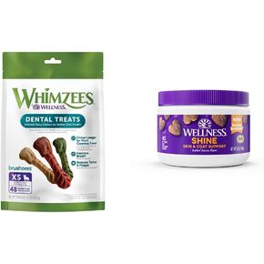 Whimzees Natural Grain Free Deatal Dick Treats ، Brushdes ، Extra Small ، Bag of 48 + Wellness Skin and Coat Soft Phet Cog Fances ، Barkin 'Planked ، 45 Count