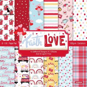 Happy Valentine's Faith Faith Love موضوع سجل القصاصات ، ورق قصاصات الألبوم DIY ، ورقة تحية صنع خلفية ورقة لوازم الحرف ، اللوحة الديكور ، ورقة السفر 6 "x6" (Faith Love)