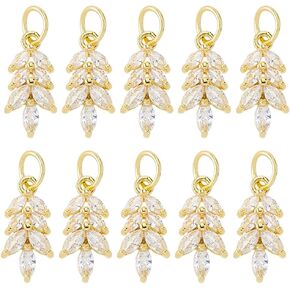 DICOSMETIC 10Pcs Cubic Zirconia Wheat Charm Cubic Zirconia Leaf Charm 16x8mm 18K Gold Plated Wheat Charms Transparent Crystal Leaf Charms for Jewelry Making, Hole: 4mm