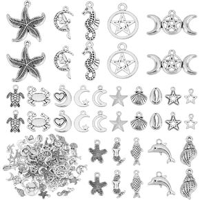 PH Pandahall 100pcs Sea Animals Charms 20 Styles Silver Moon Star Charms Tibetan Shell Shell Fish Fish Fish Fish Tortoise Star Moon Charm Pertants for DIY Necklace Necklace Meychain Making Jewely