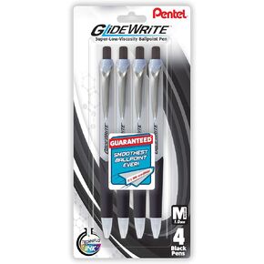 Pentel Pens, GlideWrite Ballpoint Pen with TechniFLO Ink - 4 Pack of BLACK Ink Pens 1.0mm with Retractable Barrel Design - Easy Grip & Smooth Writing, Metal Tip, Medium point pen.