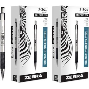 Zebra 27310 F-301 Ballpoint Stainless Steel Retractable Pen, Bold Point, 1.6mm, Black Ink, 12-Count (2 Pack)