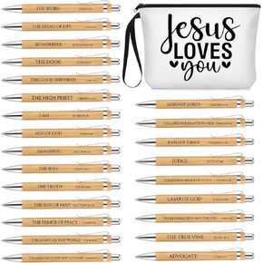 25 Pcs Christian Gifts for Women 24 Pcs Names of Jesus Ballpoint Pens Bulk with Jesus Love You Pen Bags Bible Verse Church Mother Day Gifts for Office School Supplies